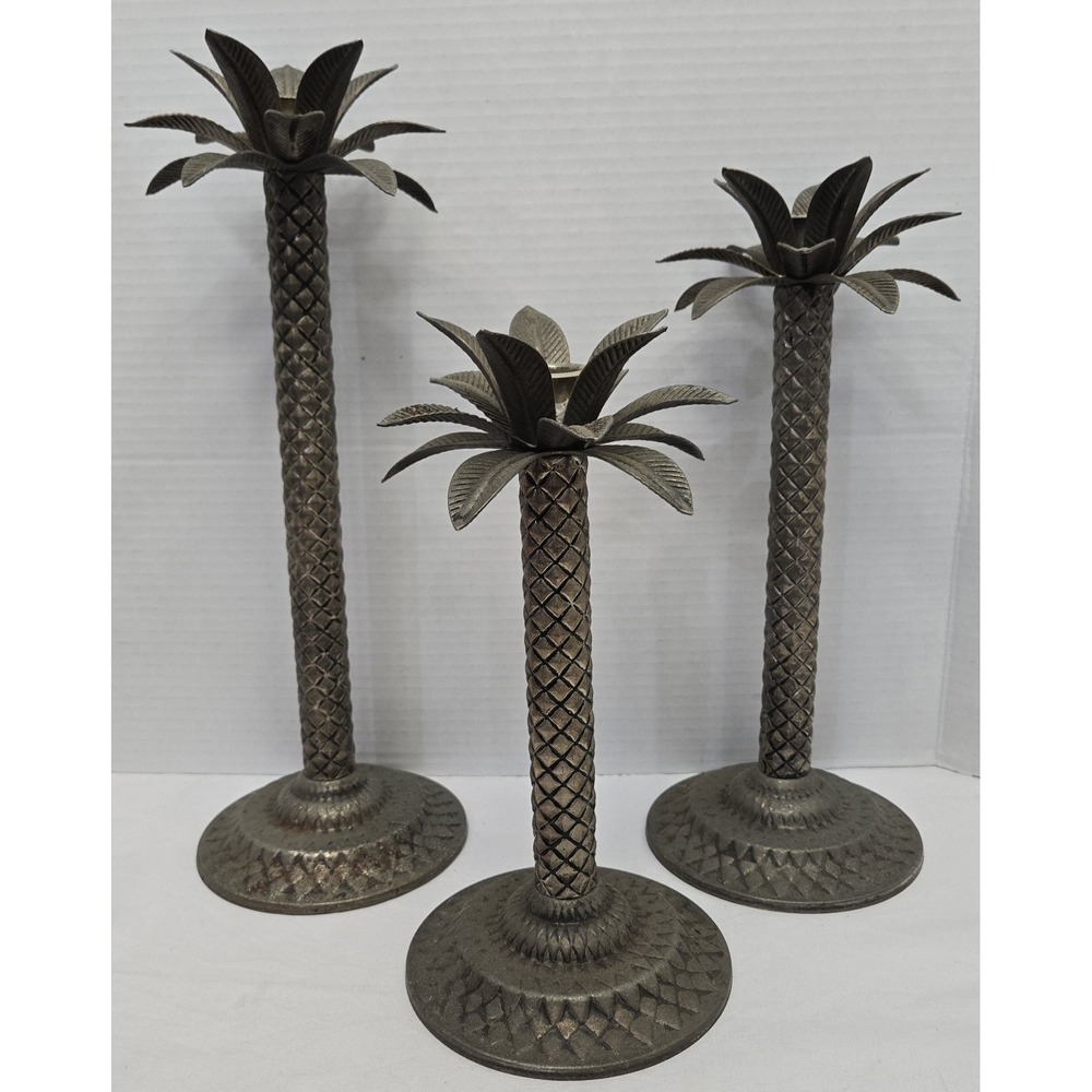 Vtg 3 Hollywood Regency Metal Palm Tree Taper Candle Holders Studio Silversmiths